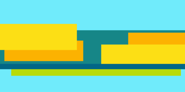 Minimalist flat design background featuring overlapping yellow, orange, and teal rectangles on a bright cyan backdrop. Perfect for modern web banners and corporate presentations.