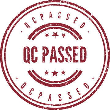 Distressed red circle rubber stamp with text QC PASSED on a clean white surface