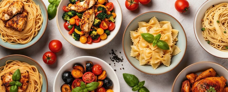 Several bowls display delicious meals. Pasta with grilled chicken, bowtie pasta with basil, roasted chicken, and sauteed vegetables with chicken. Fresh ingredients used.