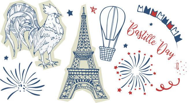 Bastille day decorative icon collection featuring french rooster landmark balloon and fireworks celebration graphics bastille landmark firework celebration patriotic clipart
