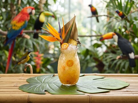 Tropical pineapple cocktail in jungle setting