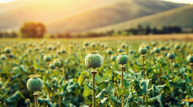 Unripe opium poppy pods grow in a field during sunset. Green seed capsules on stalks in agricultural landscape. Rural nature scene with soft golden light.