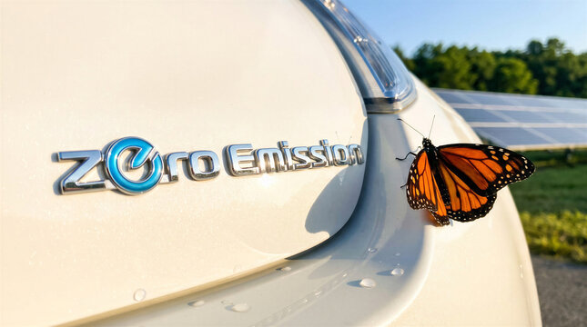 Butterfly resting on zero emissions electric vehicle logo outdoors  