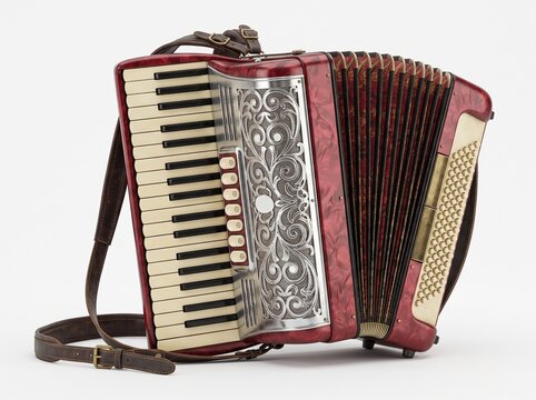 Vintage Red Piano Accordion Musical Instrument with White Keys and Ornate Silver Details isolated on White Background