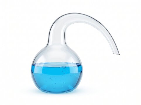 Glass retort flask containing blue chemical liquid isolated on white background