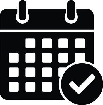Black and white calendar icon with check mark on transparent background