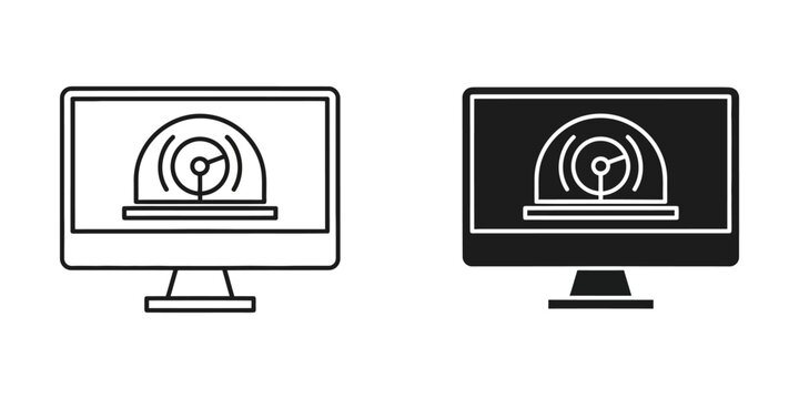 Desktop computer with speedometer gauge display icon monitor icon speed gauge fast computing high performance