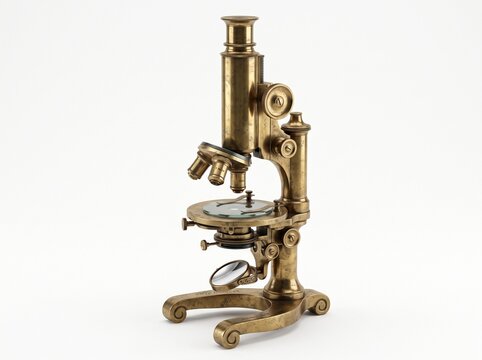 Vintage brass microscope, a scientific instrument used for viewing tiny objects, showcasing intricate design and historical significance in laboratories and educational settings