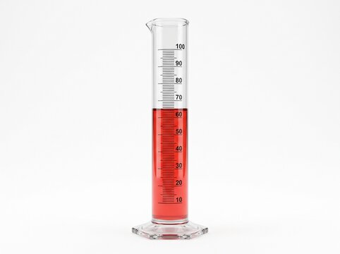 A clear glass graduated cylinder filled with red liquid, precise measurement markings on its side, isolated on a white background