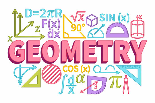Colorful geometry math concept with various symbols and tools