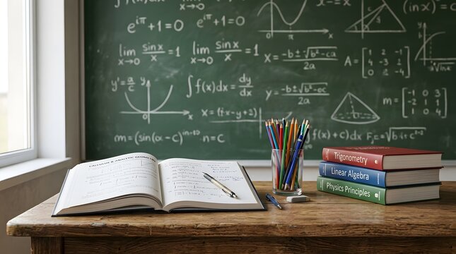 Classroom still life open calculus textbook pens and stack of science books before a chalkboard