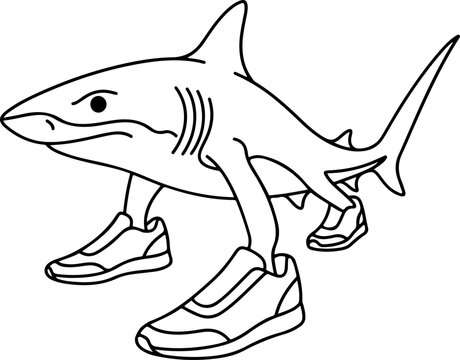 Outline illustration of a shark wearing sneakers