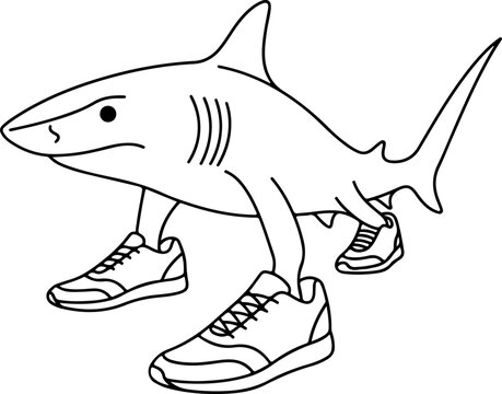 Outline illustration of a shark wearing sneakers