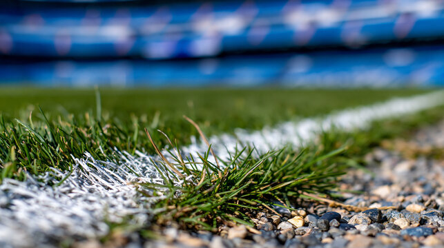 Close up of green grass turf on a sports stadium field with white painted boundary