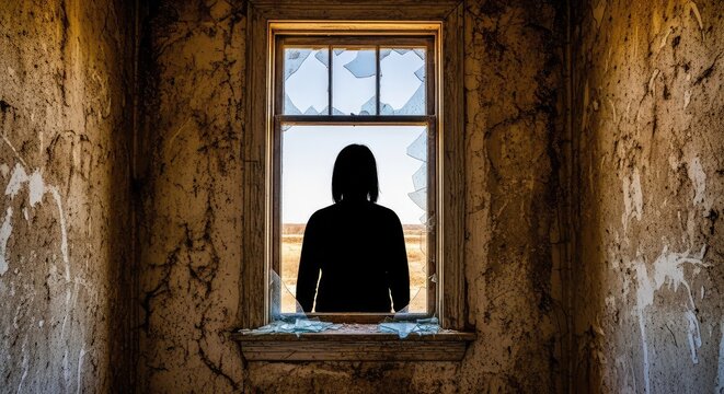 Misteriosa silueta oscura se vislumbra a trav&eacute;s de una ventana rota en una vivienda antigua y deteriorada con paredes sucias y mucho polvo, descuidado, propiedad, abandono