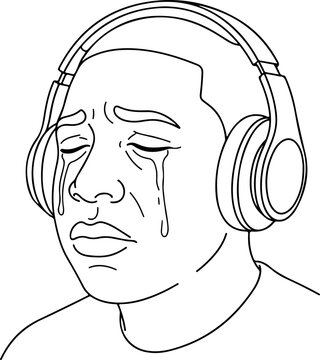 Outline illustration of a man crying with headphones on