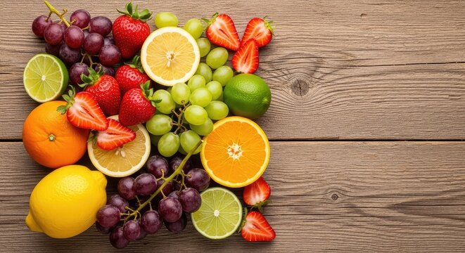Selecci&oacute;n vibrante de frutas frescas de temporada sobre madera r&uacute;stica, destacando fresas jugosas, uvas maduras y c&iacute;tricos llenos de color, granja, dulce, luz