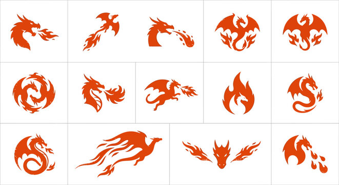 Red dragon silhouette and fireball icon collection.