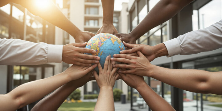 Diverse Hands Holding a Globe Multi-ethnic group of hands lifting a small Earth globe together, unity and inclusion concept, natural