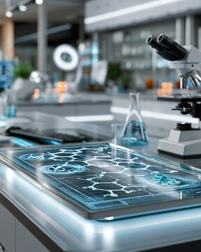 Advanced biotechnology laboratory with AI interface analyzing molecular compounds and protein structures showcasing pharmaceutical innovation
