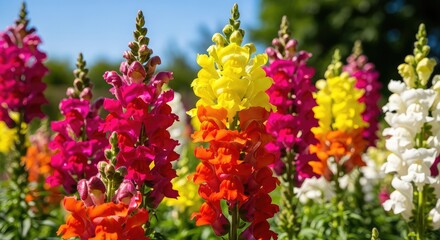 Obraz premium Vibrant snapdragon flowers bloom with tall, colorful spikes in a bright, sunlit backyard garden during a beautiful, warm summer afternoon, vivid, garden, growth