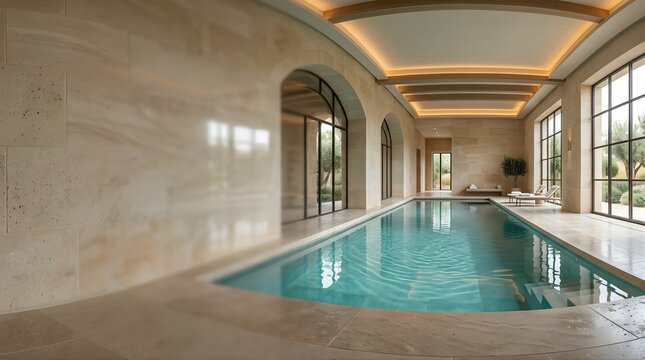 Luxury indoor swimming pool in a modern mediterranean stone villa room