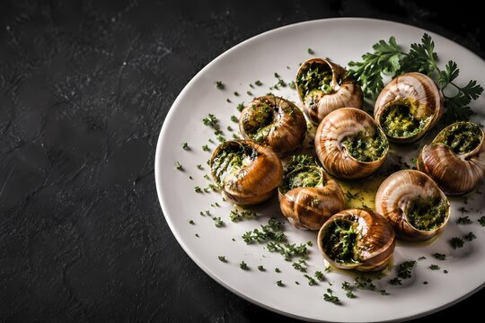 Escargots Delight: A culinary masterpiece featuring escargots prepared in garlic butter and herbs, elegantly presented on a white plate against a dark textured background, ready to be savored.