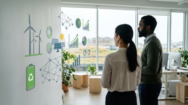 Diverse business team analyzing green energy sustainability charts and graphs on office wall