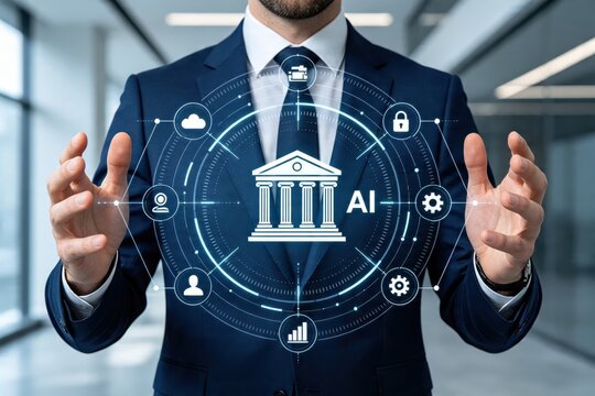 Artificial intelligence in banking and finance sector, fintech innovation, automated financial services, secure digital transactions, AI driven economy