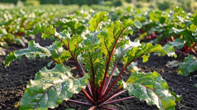 Close up view of fresh green beetroot plants with red stems and leaves growing in a garden during sunlight