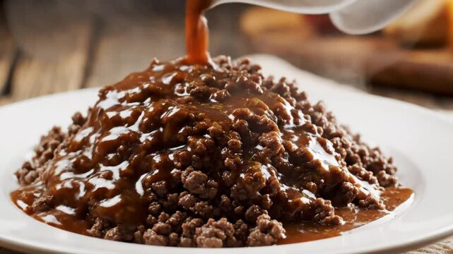 Savory Gravy Pouring Over a Mound of Cooked Ground Beef on a White Plate for a Delicious Meal