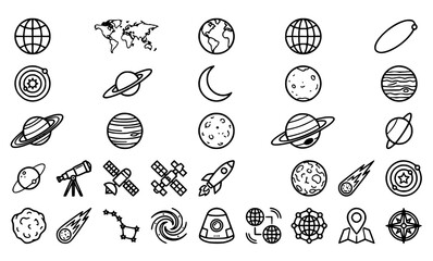 Globe and Planet Related Editable Stroke Outline Icons Set with Earth Space and Astronomy Symbols © Hazara