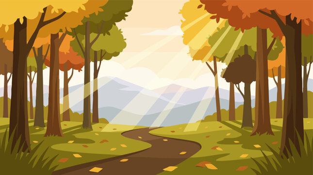 Autumn forest path with sun rays, fall trees, and distant mountains