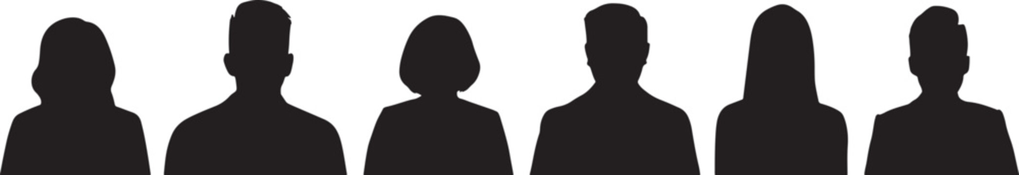 Group of diverse people silhouettes in a row representing team members or anonymous user profile avatars