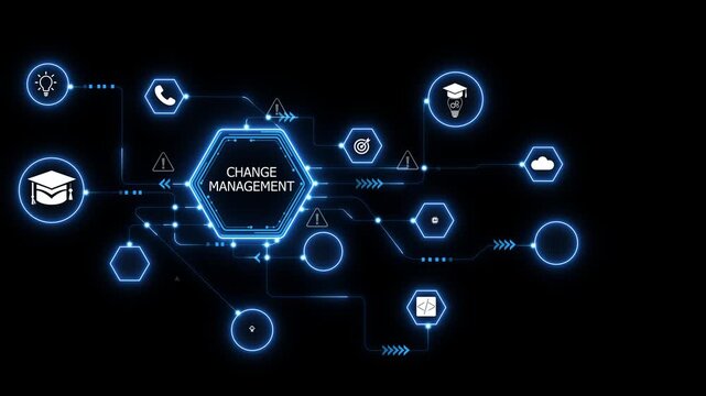 Change management network animation with connected technology icons, glowing data nodes and organizational transformation workflow visualization on dark background