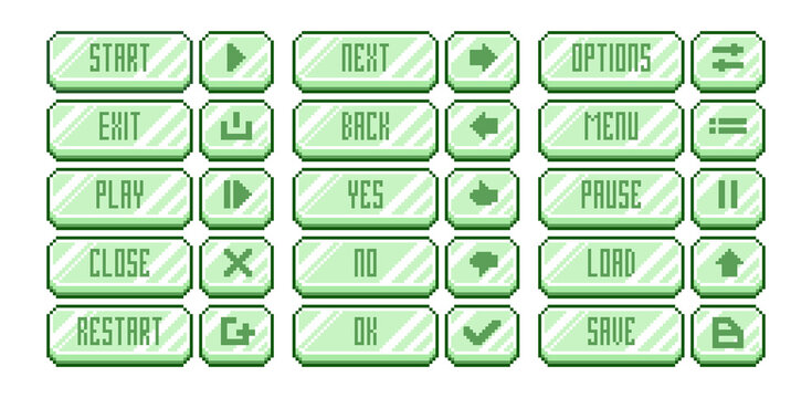 Pixel art game menu button set in pastel green glass. Includes start, exit, options, and icons for play, save, and settings. Perfect for mobile or indie games with a soft retro aesthetic.
