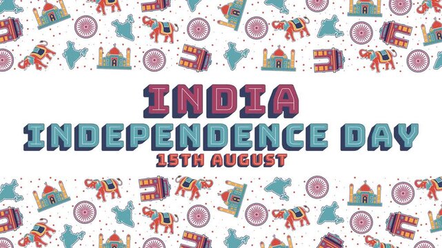 India Independence Day Animation &ndash; Repeating Indian cultural icons frame bold Independence Day typography in a seamless 4K loop, creating a festive background for event openers, and digital displays.