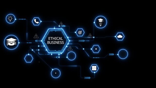 Ethical business technology icons network with balance shield trust icon system illustrating corporate responsibility integrity compliance . on transparent background.