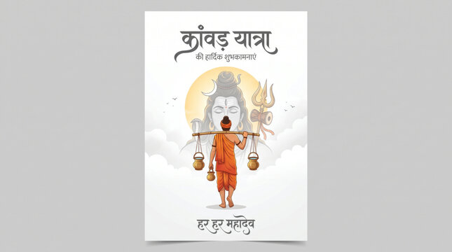 Devoted Kanwar Pilgrim Seeking Lord Shiva Grace for Shravan Festival Greeting Design