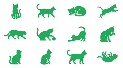 Fototapeta premium Green playing and sitting cat silhouette icons.