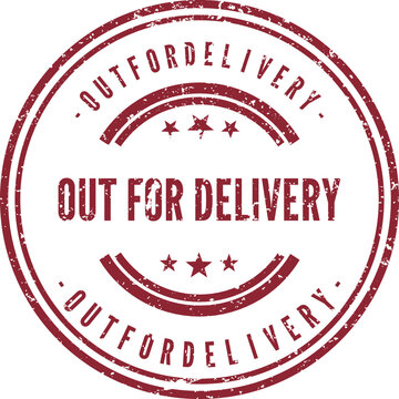 Circular grunge style red rubber stamp indicating a package is currently out for delivery