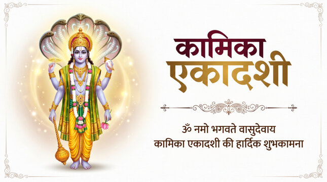 Divine Lord Vishnu Bestowing Blessings for Kamika Ekadashi Festival Greeting Design