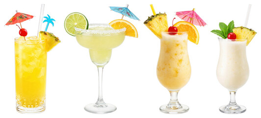 Fototapeta premium PNG Colorful tropical cocktails with umbrellas, transparent background