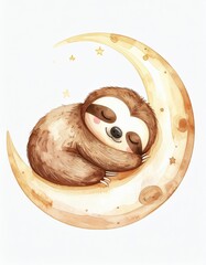 Obraz premium A cute sloth peacefully sleeping while curled up on a crescent moon surrounded by small stars.