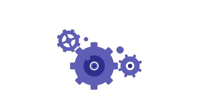 4K motion graphic of Gear mechanism rotating with transparent alpha channel transparency. 2D cartoon animation of Process automation, settings, mechanical spinning cogs isolated on white background.