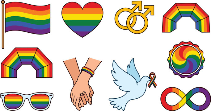 LGBTQ Pride Icon Vector Illustration Featuring Rainbow Flag, Heart, Gender Symbols, Hands, Dove, Infinity, Sunglasses