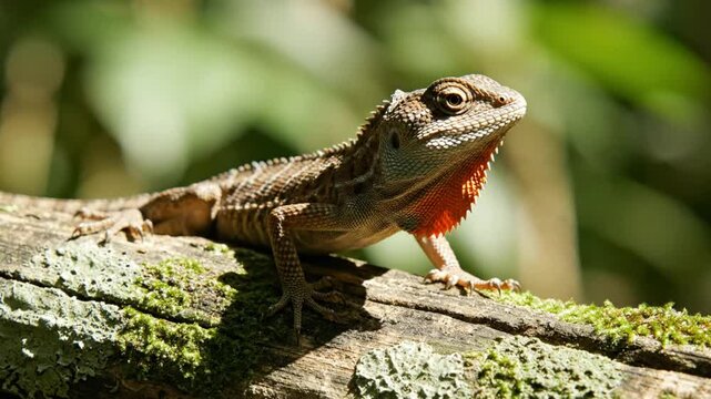 Australian water dragon lizard perched on a mossy log with vibrant orange gular pouch on display
