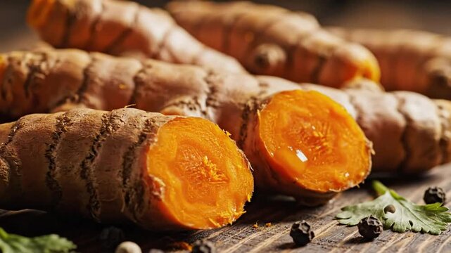 Fresh turmeric root, cut open revealing vibrant orange color, with peppercorns and herbs on wooden surface