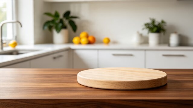Round wooden cutting board on kitchen countertop with blurred background of citrus fruits and plants, minimalist home interior design, cooking preparation surface