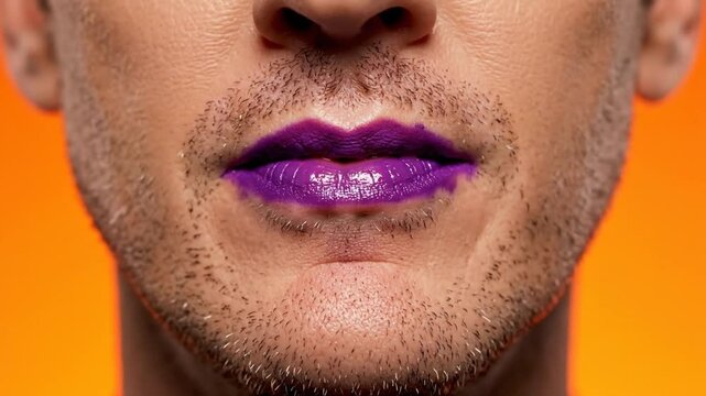 Close up view of person's mouth wearing vibrant purple lipstick with a short beard against bright orange background
